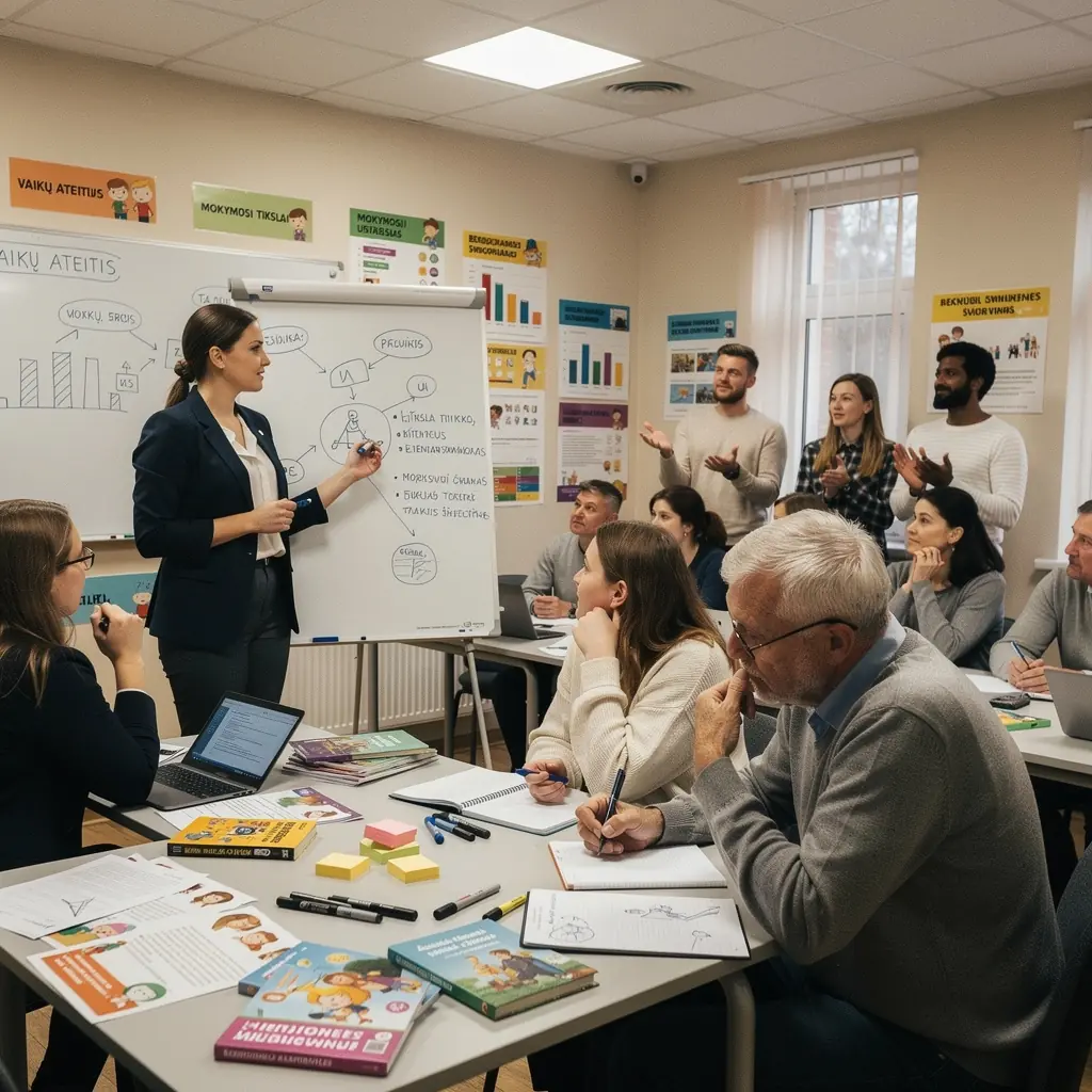 Mokytojas dirba su vaikais, ugdydamas jų gebėjimus ir žinias.